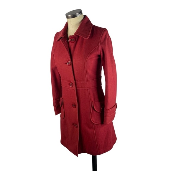 Tulle Anthropologie Button Front Wool Blend Pea Coat Small Red Longline Collared - Picture 2 of 9